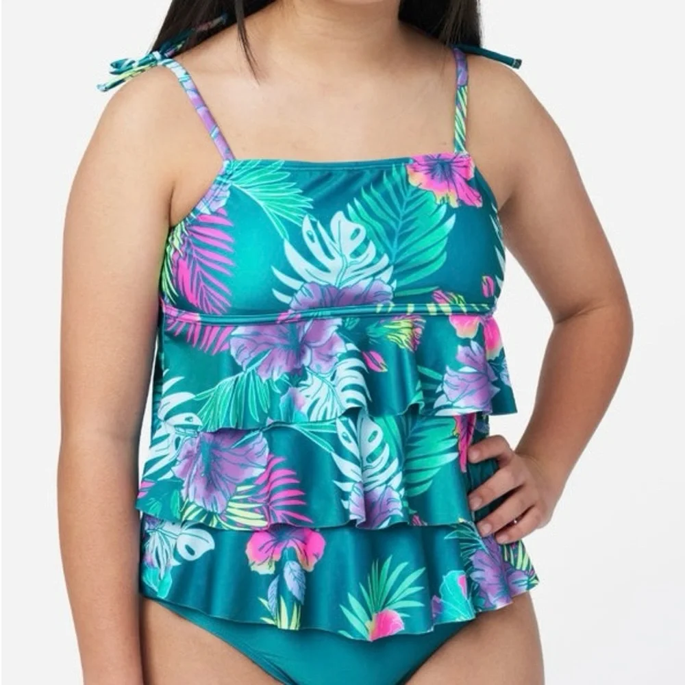 Justice Teal and Pink Tropical Bikini with Ruffled Design